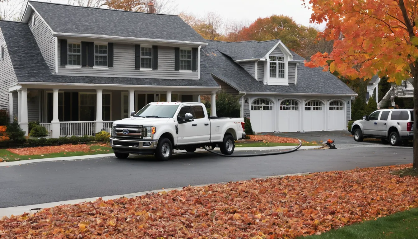 A septic service truck parked outside a Cape Cod style home in Sayreville on a crisp autumn morning