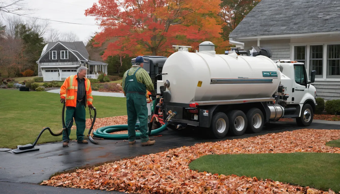 Septic provider pumping a residential tank behind a New England style home in the Sayreville area