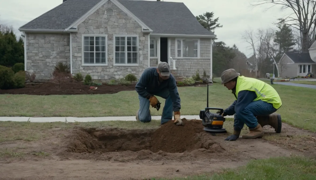 Sewer line repair work in a residential yard in Sayreville